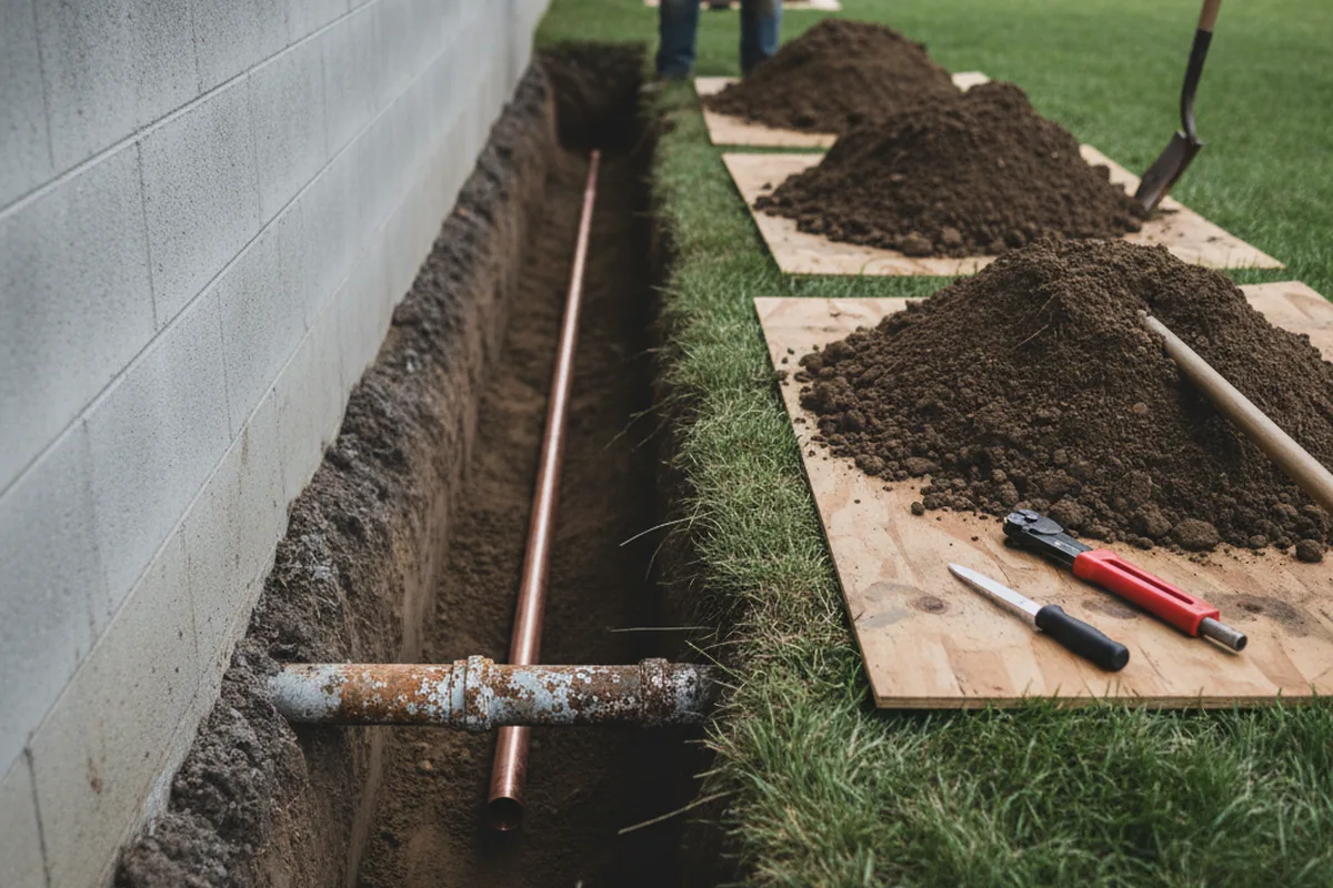 Excavated water line trench during Water Softener Installation in Excelsior Springs